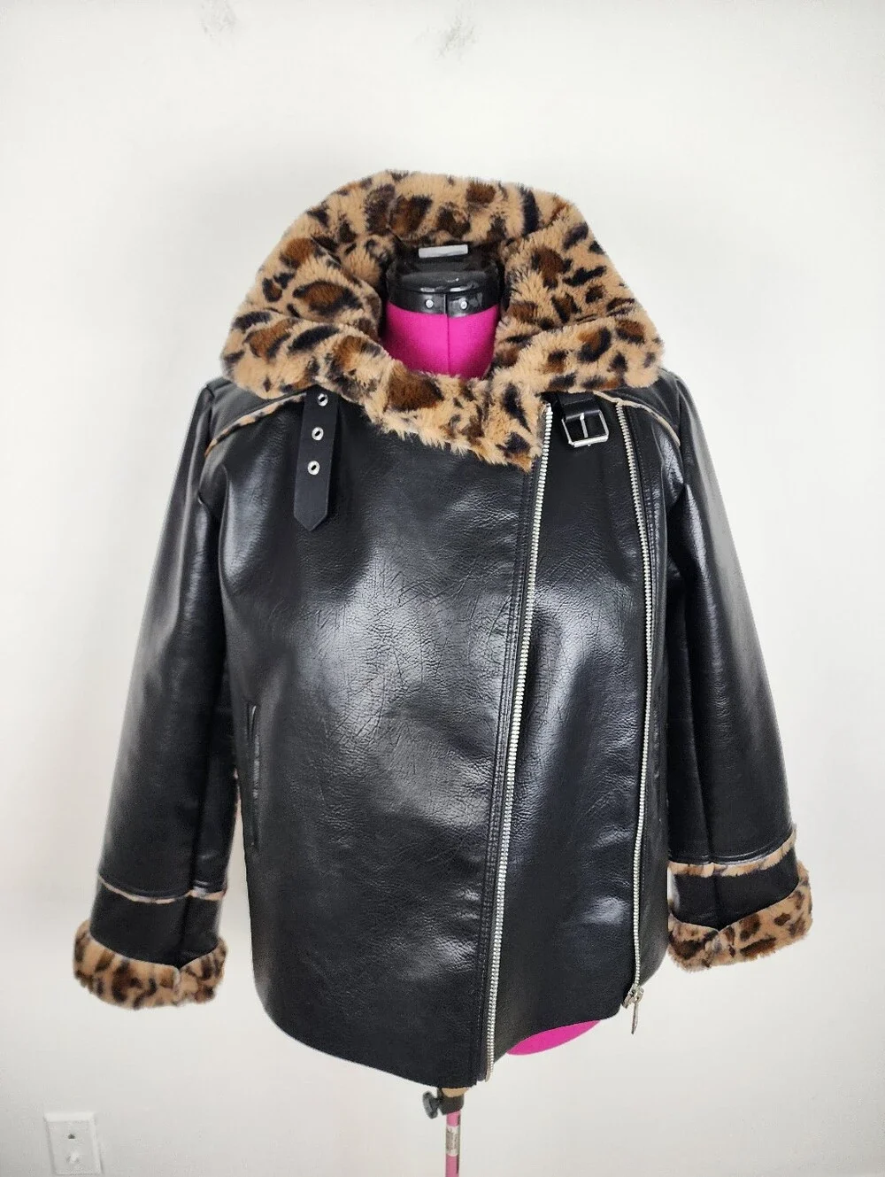 Black Faux Leather Moto Jacket with Leopard Faux Fur Accent